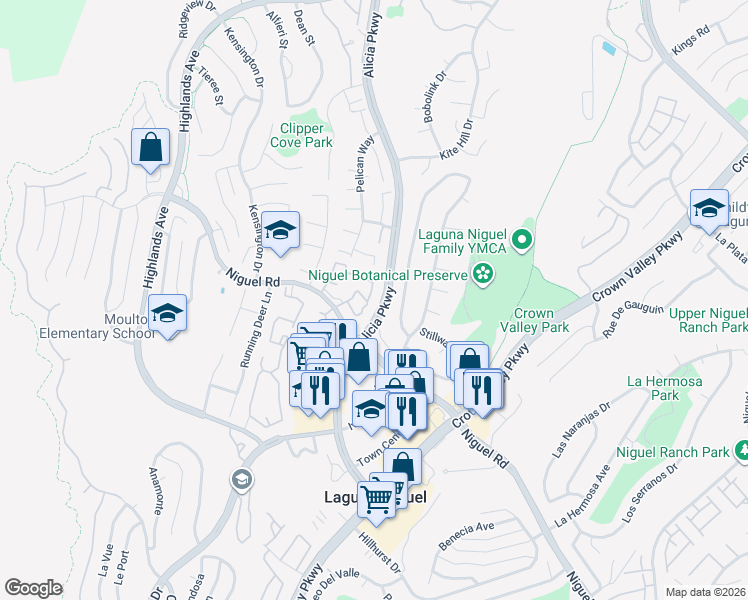 map of restaurants, bars, coffee shops, grocery stores, and more near 23751 Cambridge Circle in Laguna Niguel