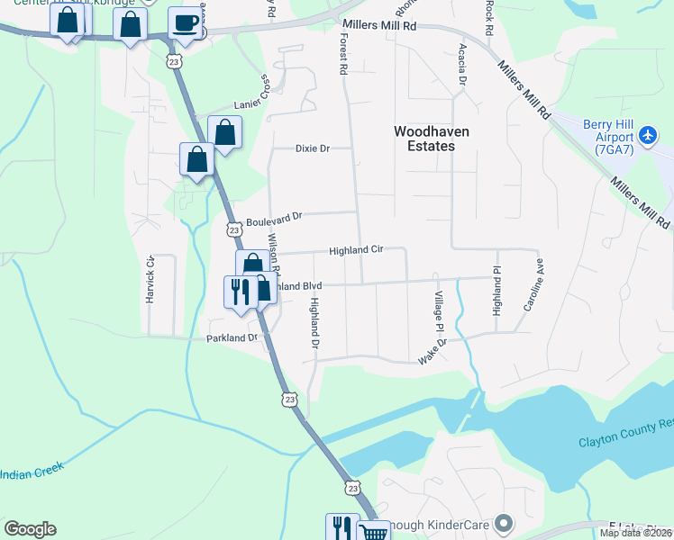 map of restaurants, bars, coffee shops, grocery stores, and more near 10 Woodland Drive in Stockbridge