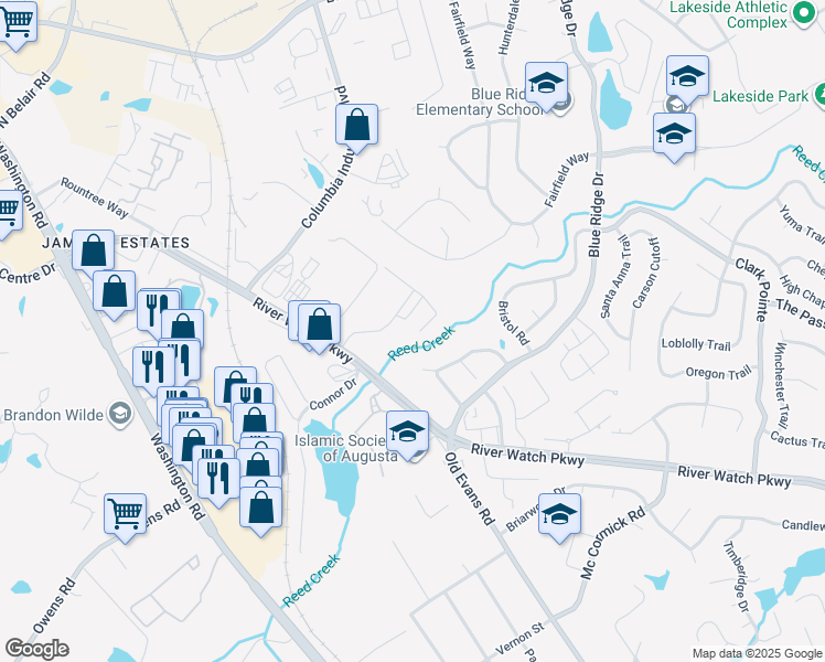 map of restaurants, bars, coffee shops, grocery stores, and more near 4361 River Watch Parkway in Evans