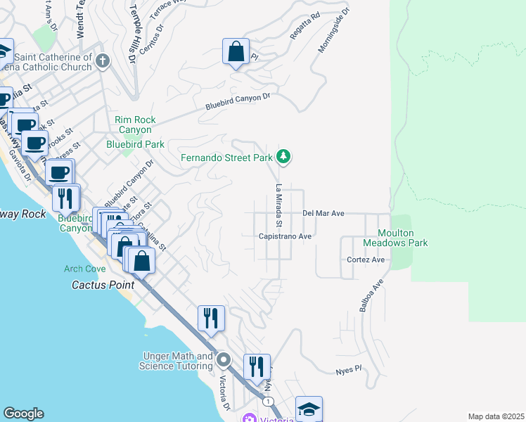 map of restaurants, bars, coffee shops, grocery stores, and more near 1088 Del Mar Avenue in Laguna Beach