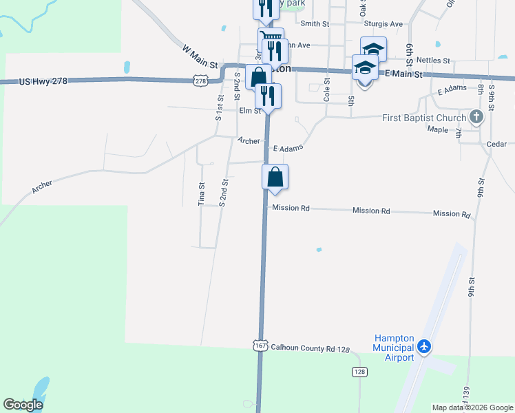map of restaurants, bars, coffee shops, grocery stores, and more near 316 U.S. 167 in Hampton