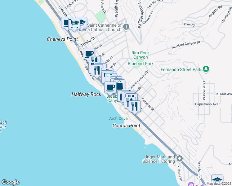 map of restaurants, bars, coffee shops, grocery stores, and more near 1559 Glenneyre Street in Laguna Beach