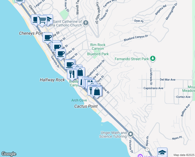map of restaurants, bars, coffee shops, grocery stores, and more near 470 Flora Street in Laguna Beach