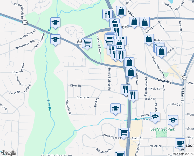 map of restaurants, bars, coffee shops, grocery stores, and more near 700 Hynds Springs Drive in Jonesboro