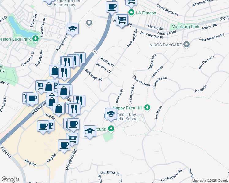 map of restaurants, bars, coffee shops, grocery stores, and more near 40217 Camino Campos Verde in Temecula