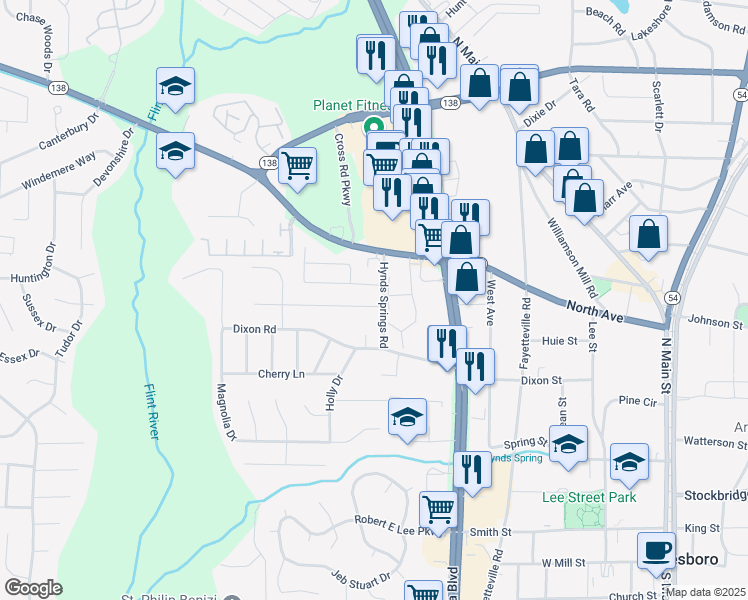 map of restaurants, bars, coffee shops, grocery stores, and more near 748 Hynds Springs Drive in Jonesboro