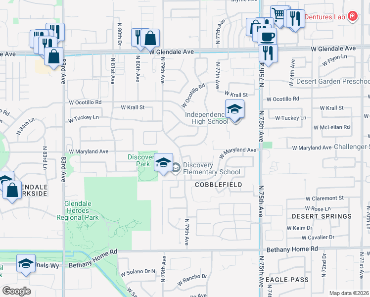 map of restaurants, bars, coffee shops, grocery stores, and more near 7778 West Sierra Vista Drive in Glendale
