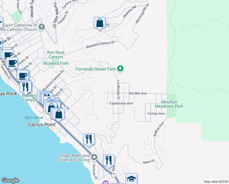 map of restaurants, bars, coffee shops, grocery stores, and more near 1110 Katella Street in Laguna Beach