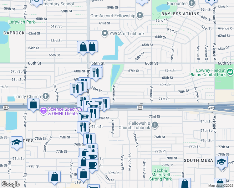 map of restaurants, bars, coffee shops, grocery stores, and more near 2129 70th Street in Lubbock