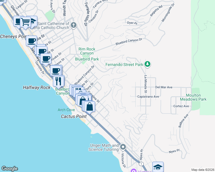 map of restaurants, bars, coffee shops, grocery stores, and more near 630 Diamond Street in Laguna Beach