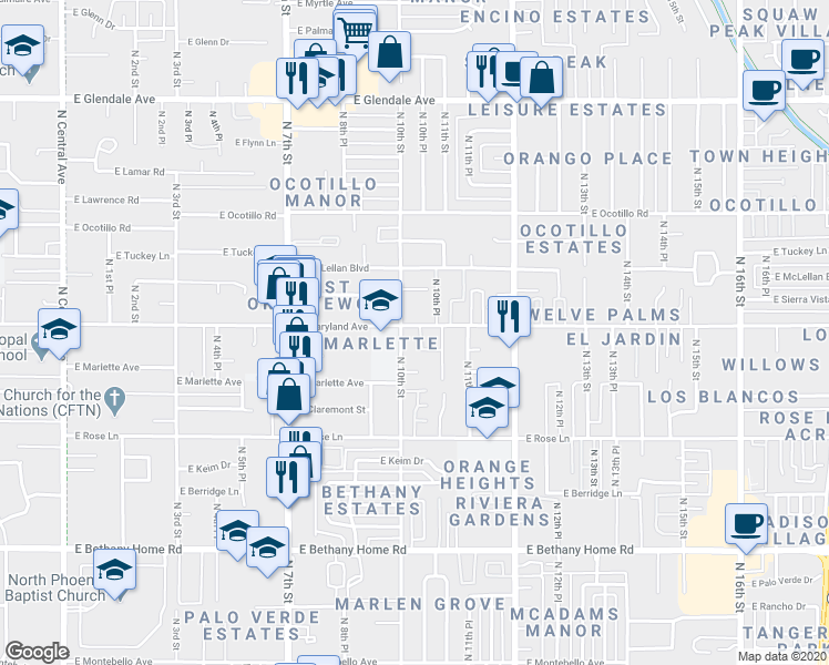 map of restaurants, bars, coffee shops, grocery stores, and more near 1017 East Maryland Avenue in Phoenix