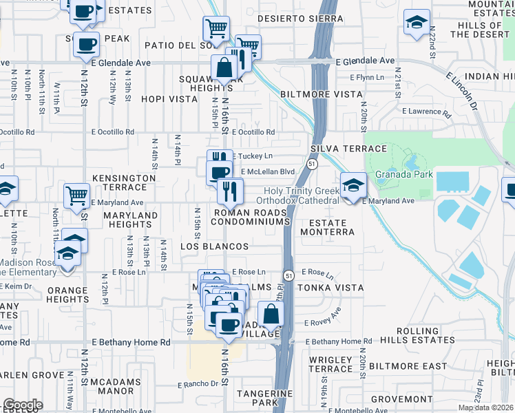 map of restaurants, bars, coffee shops, grocery stores, and more near 1699 East Maryland Avenue in Phoenix