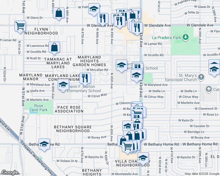 map of restaurants, bars, coffee shops, grocery stores, and more near 4511 West Maryland Avenue in Glendale