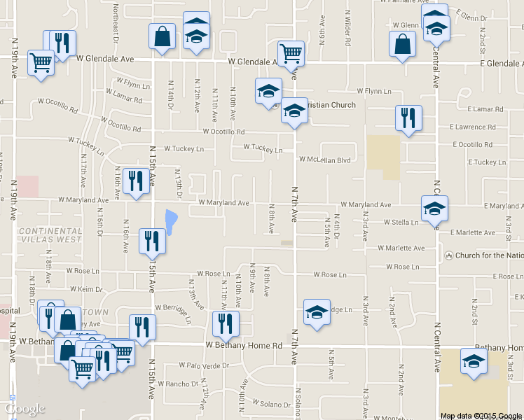 map of restaurants, bars, coffee shops, grocery stores, and more near 809 West Maryland Avenue in Phoenix