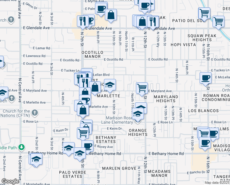 map of restaurants, bars, coffee shops, grocery stores, and more near 1017 East Maryland Avenue in Phoenix