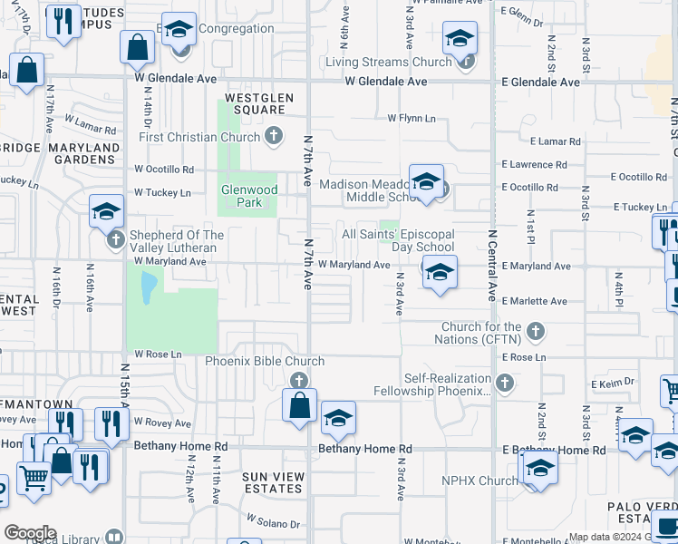 map of restaurants, bars, coffee shops, grocery stores, and more near 521 West Maryland Avenue in Phoenix