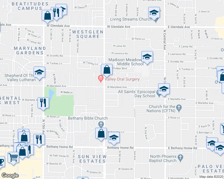 map of restaurants, bars, coffee shops, grocery stores, and more near 521 West Maryland Avenue in Phoenix