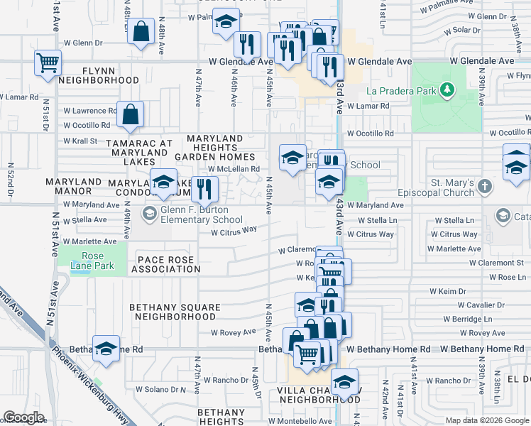 map of restaurants, bars, coffee shops, grocery stores, and more near 4511 West Maryland Avenue in Glendale