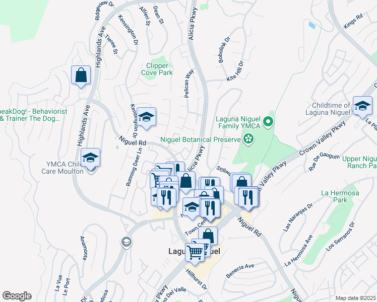 map of restaurants, bars, coffee shops, grocery stores, and more near 23751 Cambridge Circle in Laguna Niguel