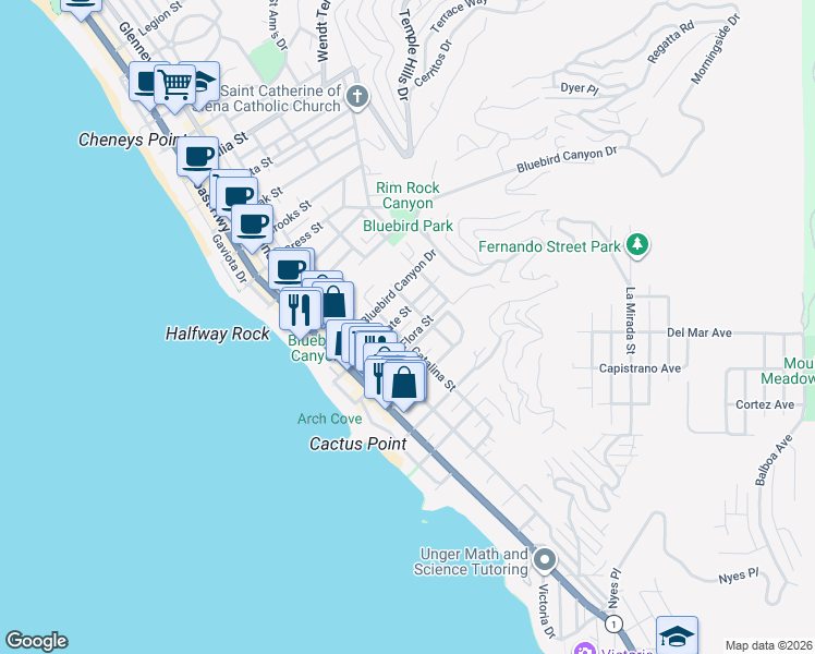 map of restaurants, bars, coffee shops, grocery stores, and more near 470 Flora Street in Laguna Beach