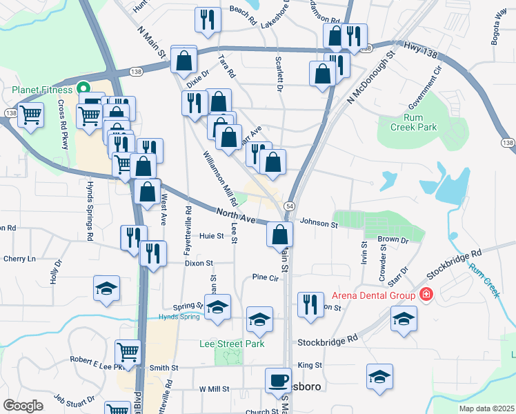 map of restaurants, bars, coffee shops, grocery stores, and more near 249 North Main Street in Jonesboro
