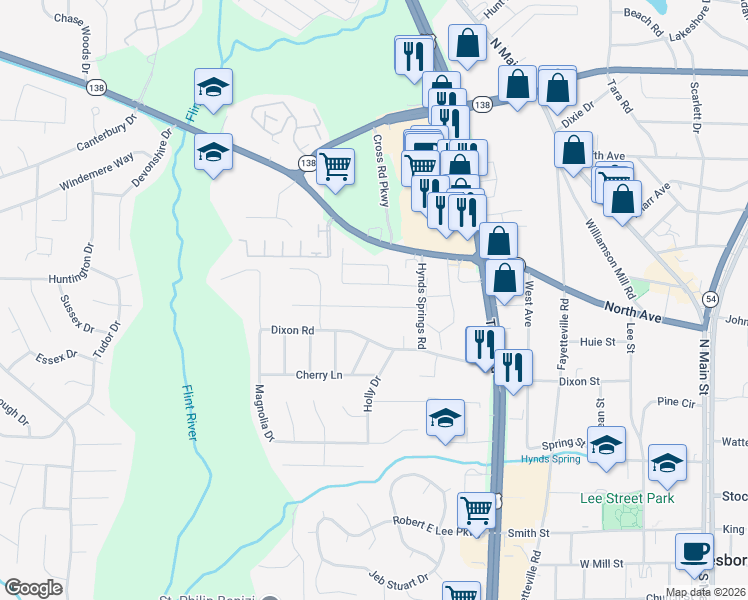 map of restaurants, bars, coffee shops, grocery stores, and more near 700 Hynds Springs Drive in Jonesboro