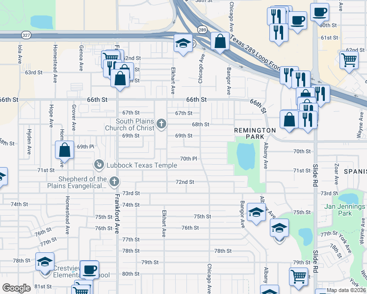 map of restaurants, bars, coffee shops, grocery stores, and more near 5598 70th Street in Lubbock
