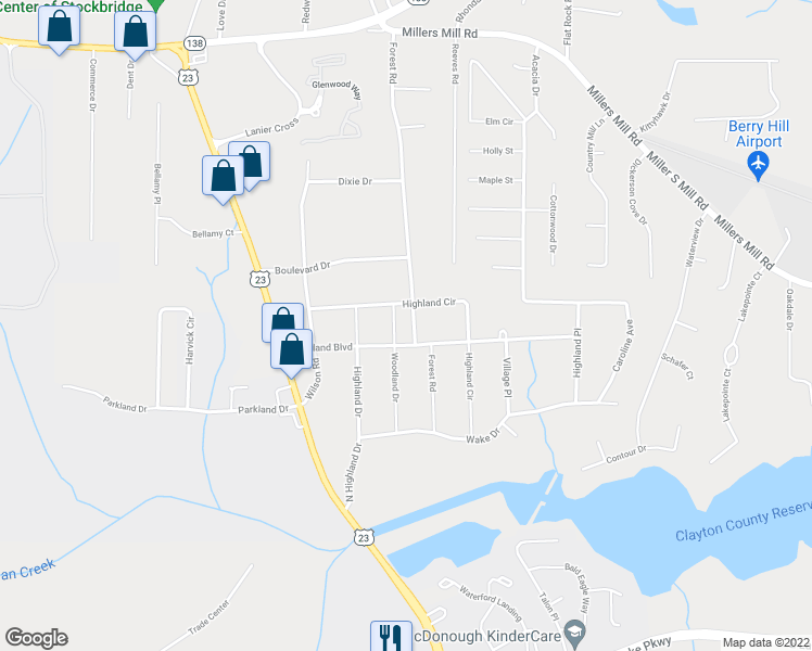 map of restaurants, bars, coffee shops, grocery stores, and more near 93 Forest Road in Stockbridge
