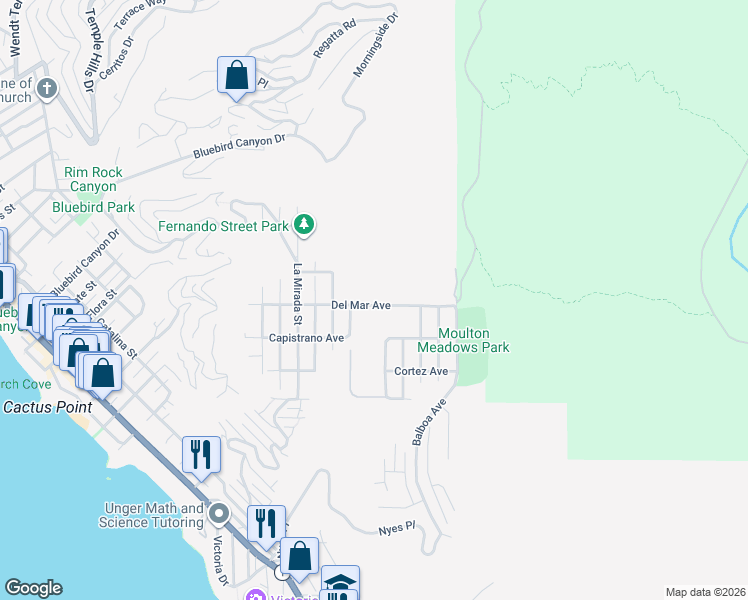 map of restaurants, bars, coffee shops, grocery stores, and more near 1630 Del Mar Avenue in Laguna Beach