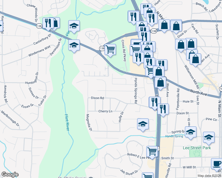map of restaurants, bars, coffee shops, grocery stores, and more near 652 Hynds Springs Drive in Jonesboro