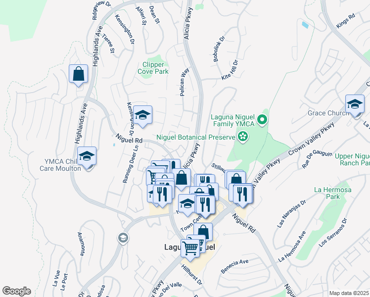 map of restaurants, bars, coffee shops, grocery stores, and more near 23750 Bayside Lane in Laguna Niguel