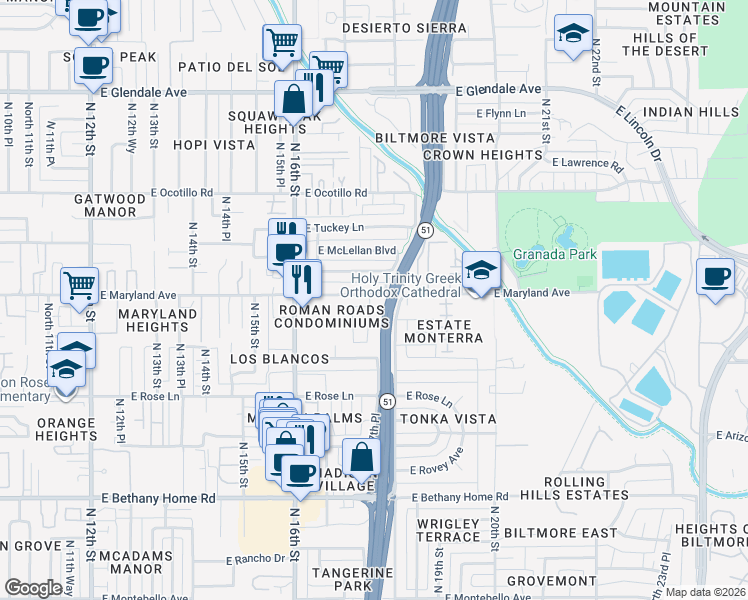 map of restaurants, bars, coffee shops, grocery stores, and more near 6455 North 17th Place in Phoenix
