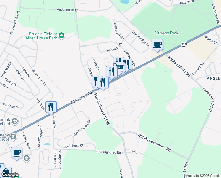 map of restaurants, bars, coffee shops, grocery stores, and more near 750 East Pine Log Road in Aiken