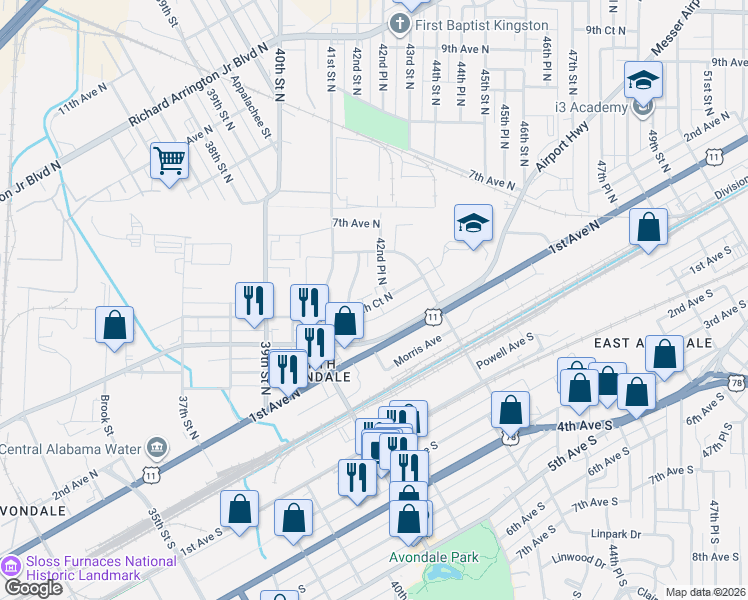 map of restaurants, bars, coffee shops, grocery stores, and more near 4184 5th Court North in Birmingham