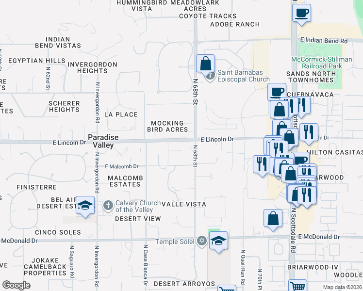 map of restaurants, bars, coffee shops, grocery stores, and more near 6723 East Lincoln Drive in Paradise Valley