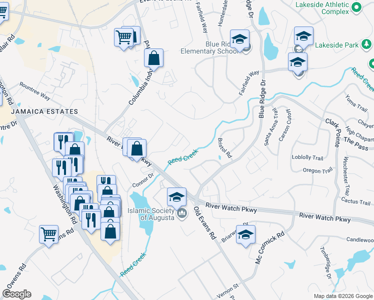 map of restaurants, bars, coffee shops, grocery stores, and more near 4361 River Watch Parkway in Evans