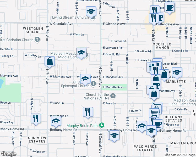 map of restaurants, bars, coffee shops, grocery stores, and more near 6336 North Central Avenue in Phoenix