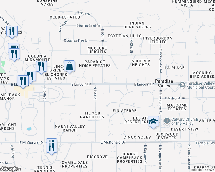 map of restaurants, bars, coffee shops, grocery stores, and more near 6021 East Lincoln Drive in Paradise Valley