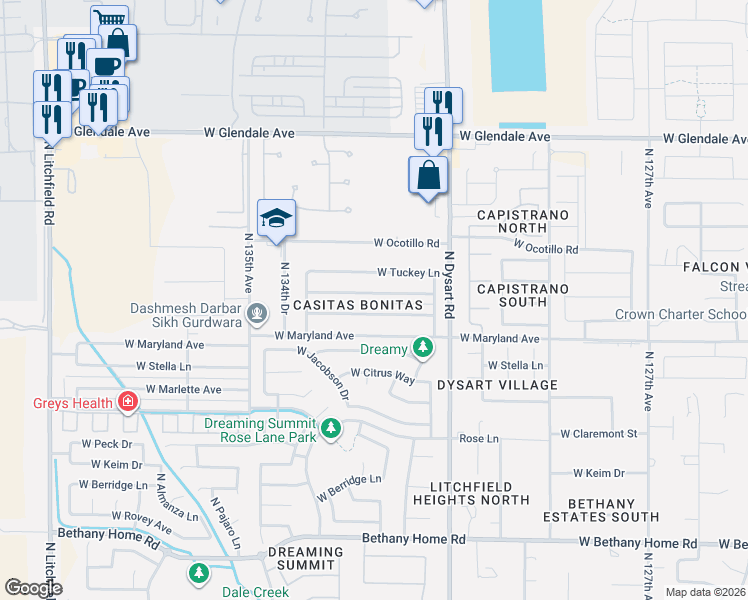map of restaurants, bars, coffee shops, grocery stores, and more near 13217 West McLellan Road in Glendale
