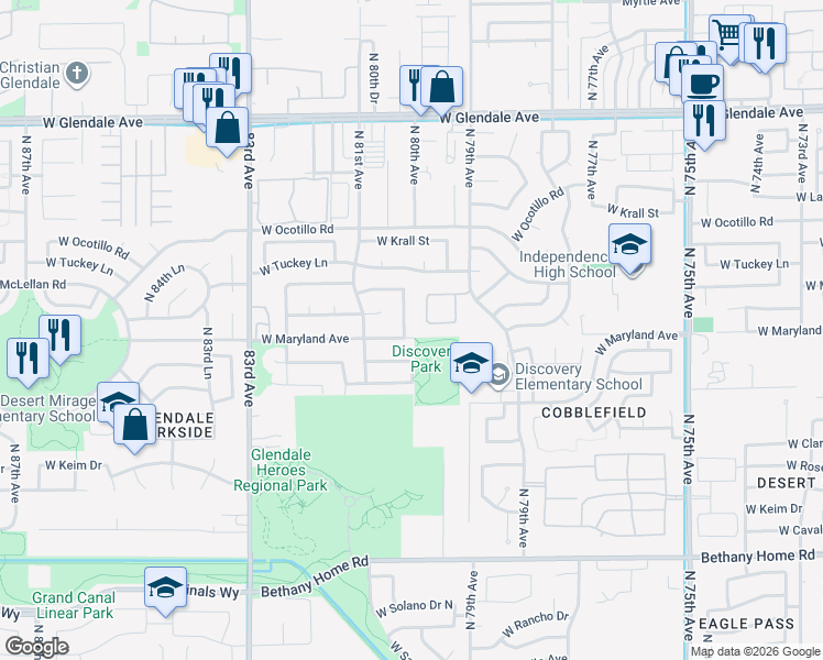 map of restaurants, bars, coffee shops, grocery stores, and more near 7950 West Maryland Avenue in Glendale