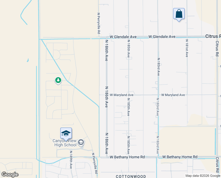 map of restaurants, bars, coffee shops, grocery stores, and more near 6527 North 186th Avenue in Waddell