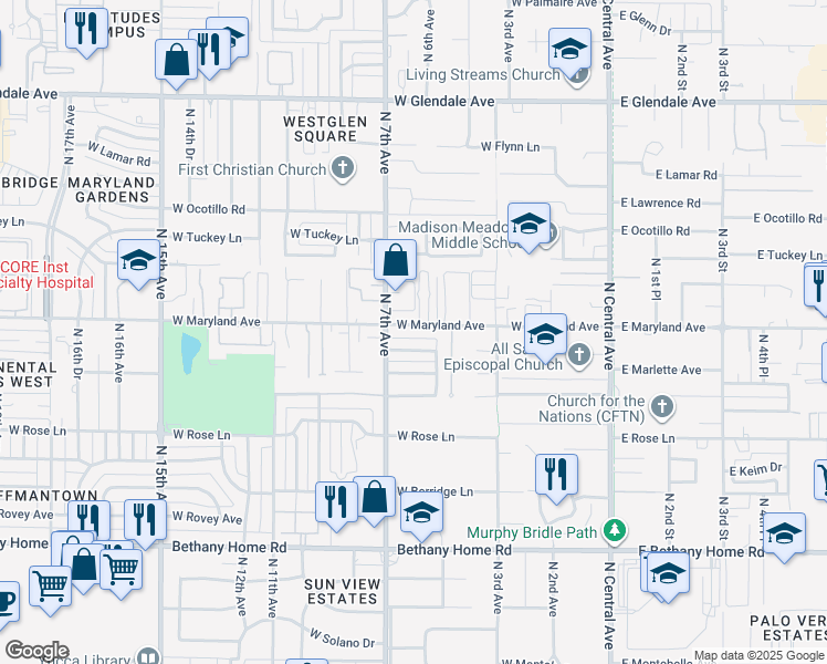 map of restaurants, bars, coffee shops, grocery stores, and more near 521 West Maryland Avenue in Phoenix