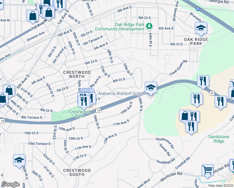map of restaurants, bars, coffee shops, grocery stores, and more near 909 57th Street South in Birmingham