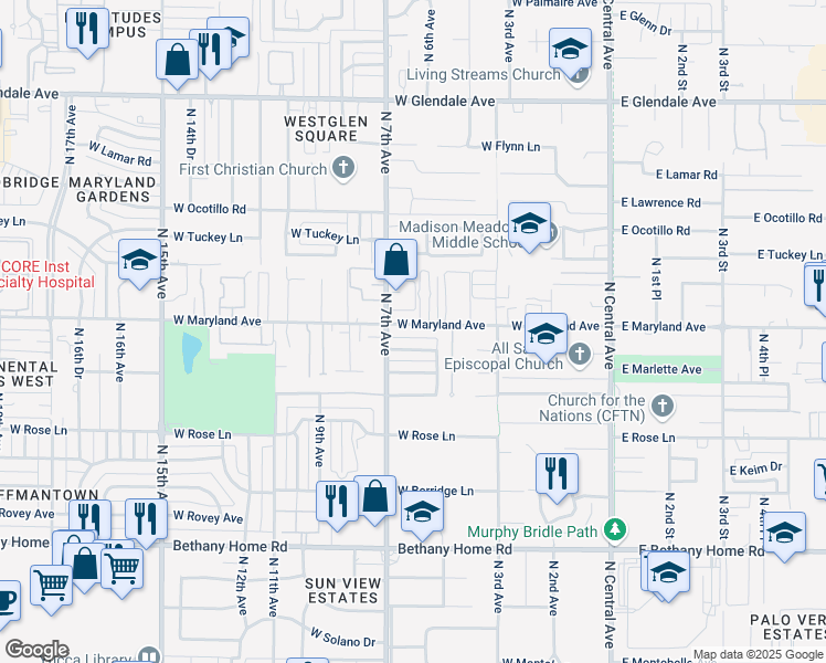 map of restaurants, bars, coffee shops, grocery stores, and more near 521 West Maryland Avenue in Phoenix