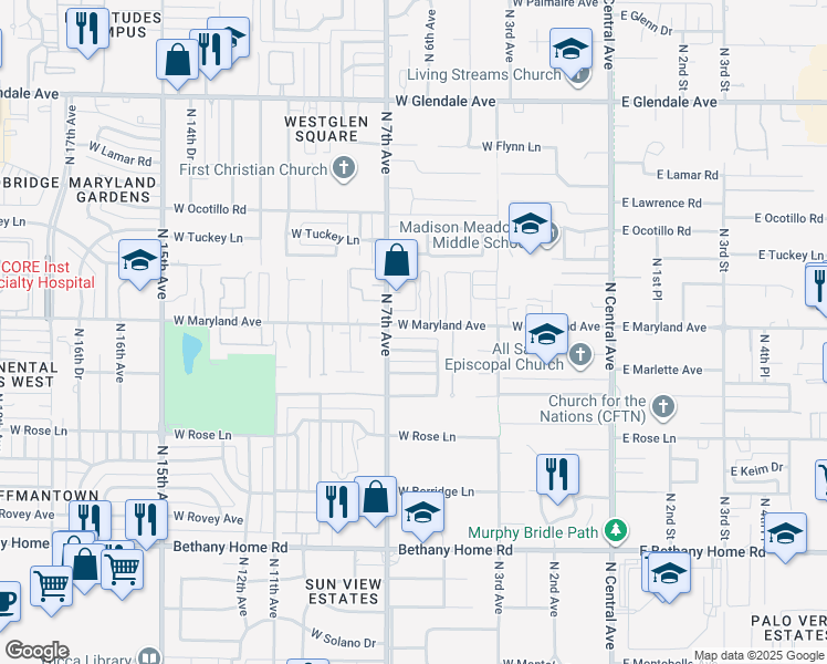 map of restaurants, bars, coffee shops, grocery stores, and more near 521 West Maryland Avenue in Phoenix