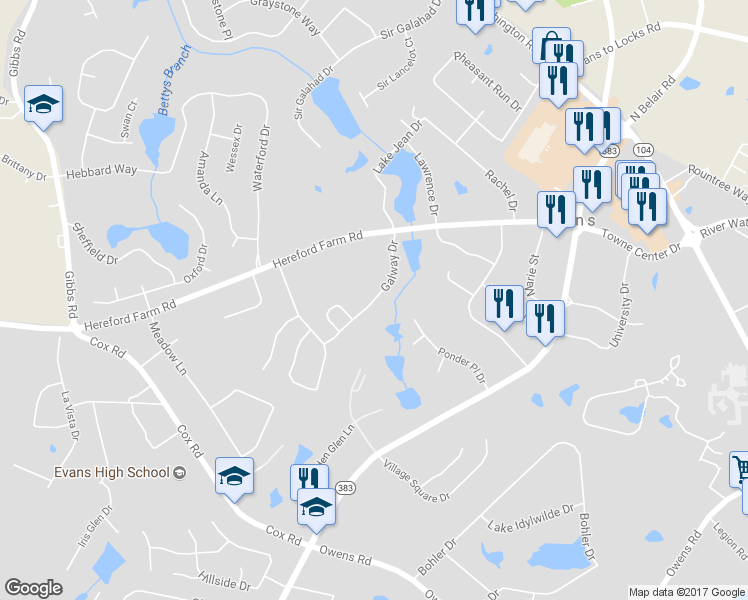 map of restaurants, bars, coffee shops, grocery stores, and more near 4455 Galway Drive in Evans