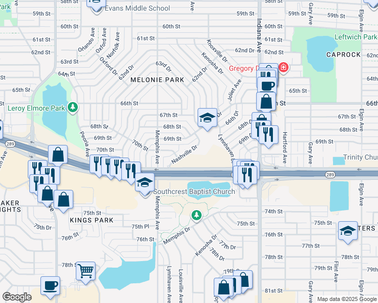map of restaurants, bars, coffee shops, grocery stores, and more near 6934 Nashville Drive in Lubbock