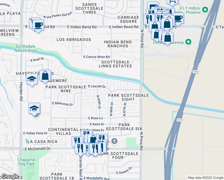 map of restaurants, bars, coffee shops, grocery stores, and more near 8602 East Lincoln Drive in Scottsdale