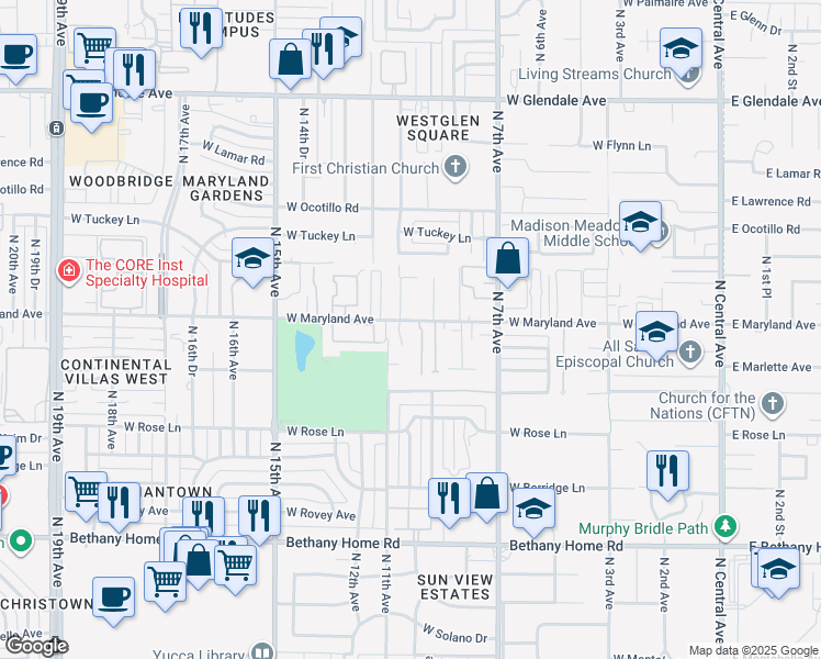 map of restaurants, bars, coffee shops, grocery stores, and more near 1039 West Maryland Avenue in Phoenix