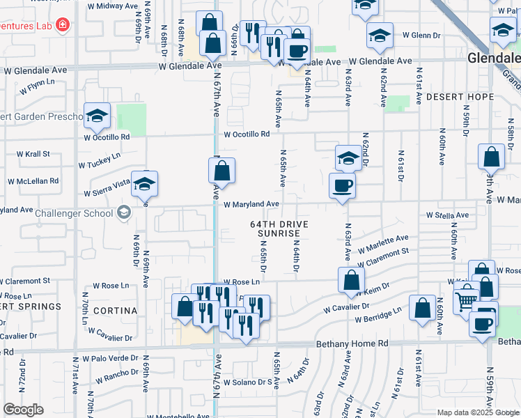 map of restaurants, bars, coffee shops, grocery stores, and more near 6422 North 65th Drive in Glendale